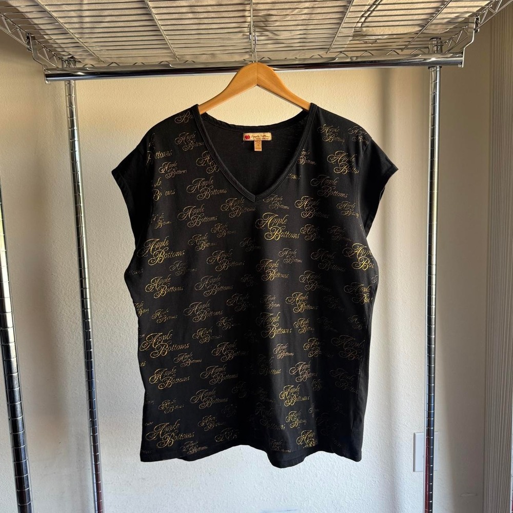 Apple Bottoms Womens 3X Black Gold Glitter Logo V-Neck Cap Sleeve McBling Y2K